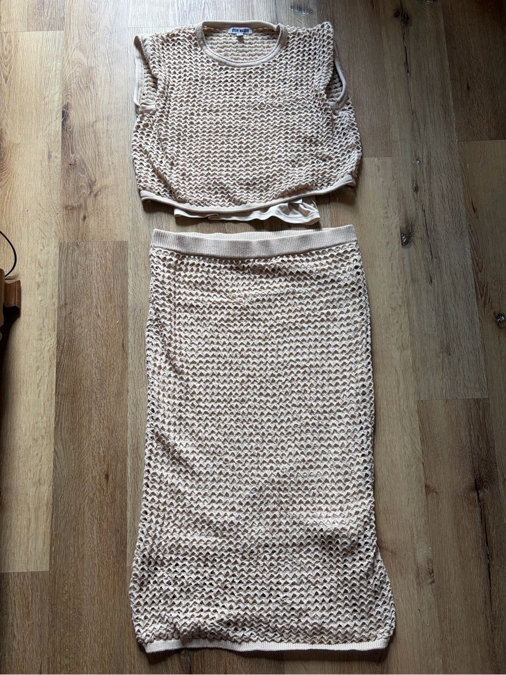 Steve Madden Beige Open-Knit Midi Skirt and Top